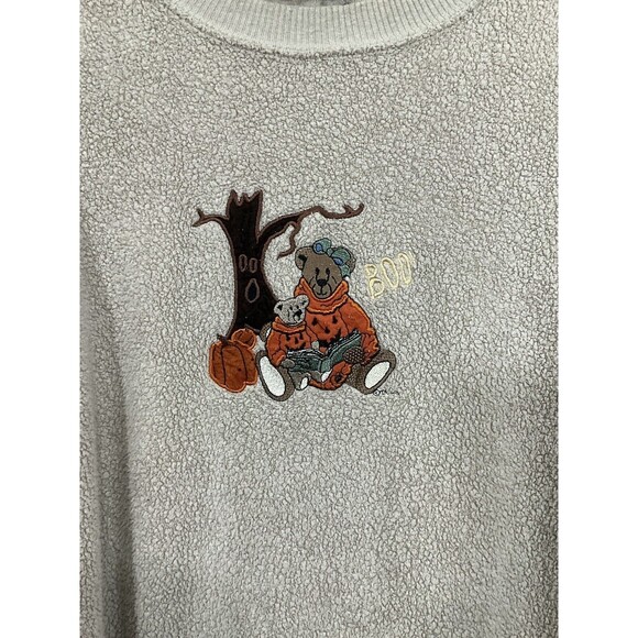 VTG Womens Teddy Bear Pumpkin Sherpa Halloween Shirt M Beige 90s Teacher Granny - Picture 2 of 5